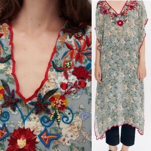 Zara Embroidered Midi  Tunic Dress with V-neck Size S Spring Summer
